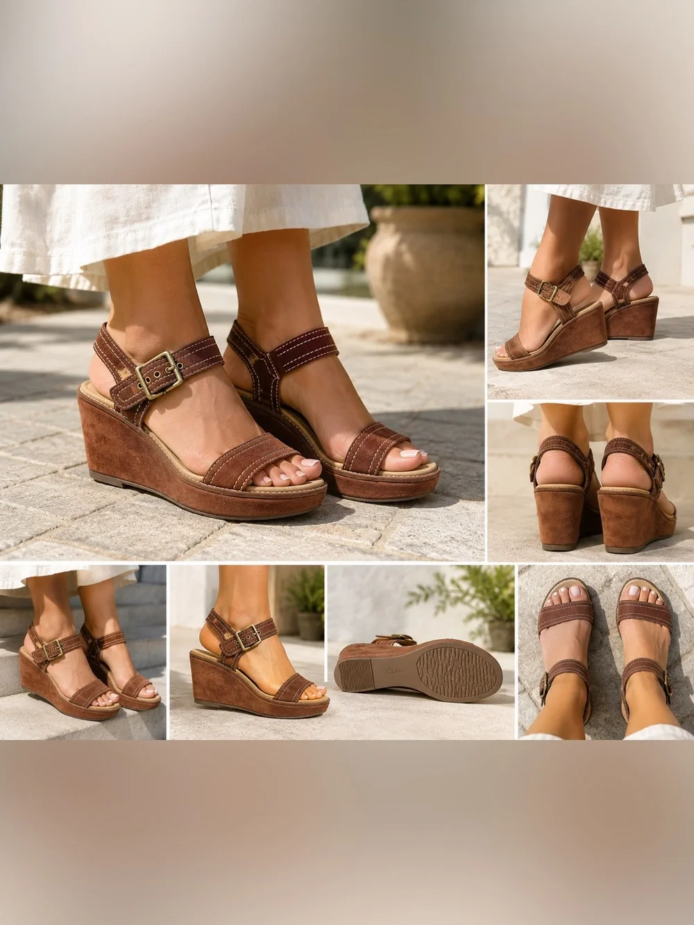Clarks Brown Suede Ankle-Strap Wedge Sandals 11M